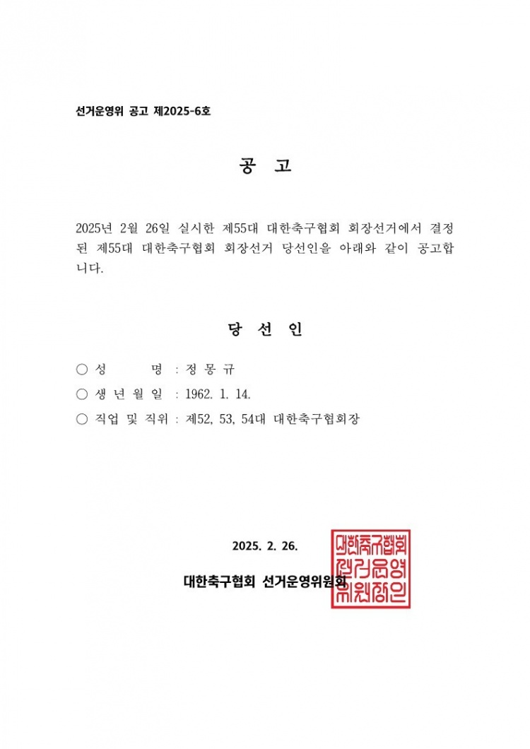 官方:鄭夢奎第四次當選韓國足協(xié)主席