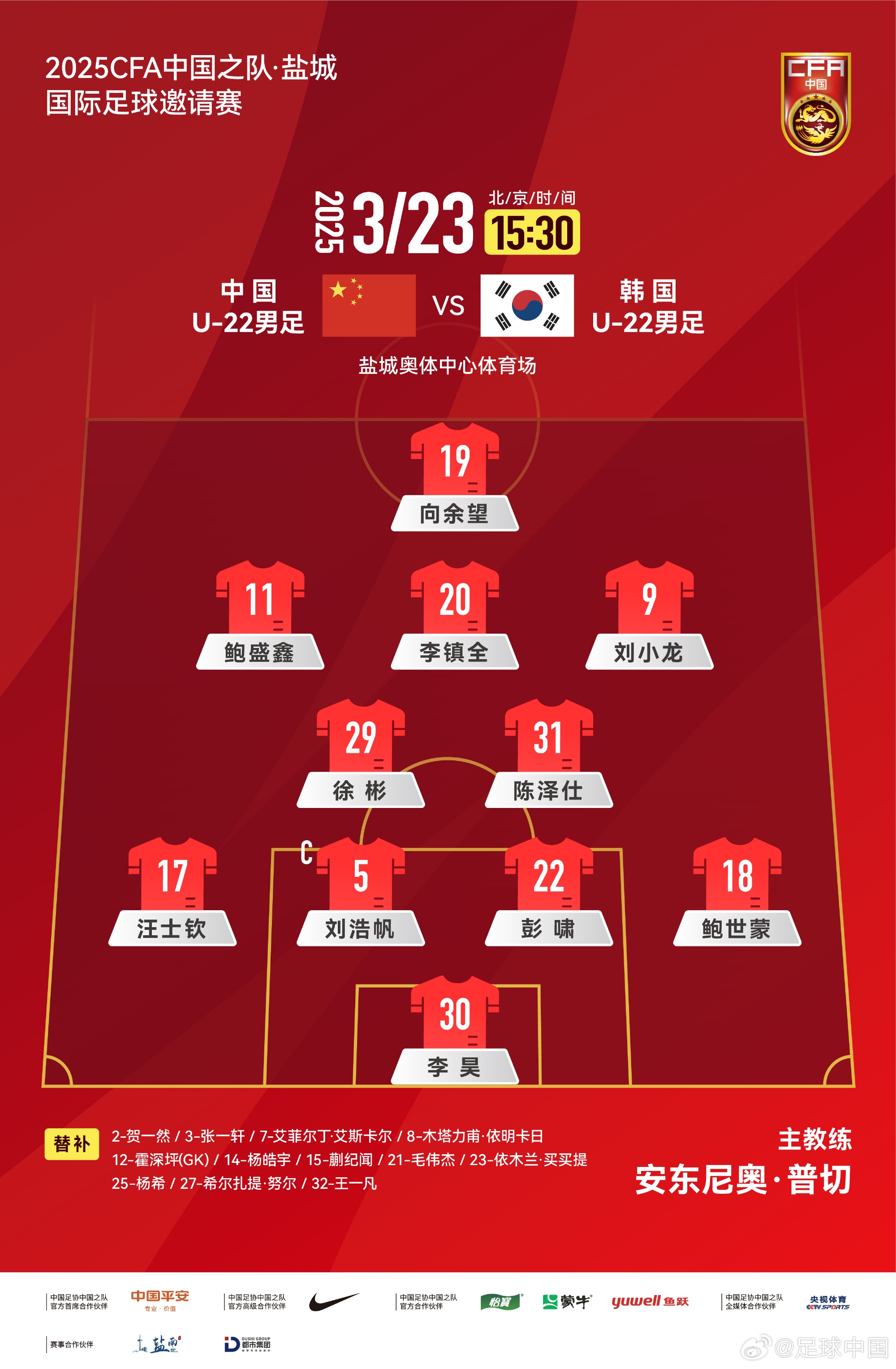  鹽城四國賽，中國U-22男足對(duì)陣韓國U-22男足，中國隊(duì)首發(fā)陣容